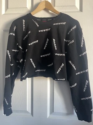 DICKIES Recortado XL Logotipo Spellout Pullover Sudadera Negro Blanco Manga Larga Top Foto 1 de 4