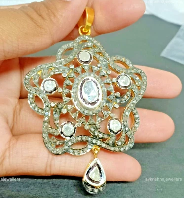 Colgante Estrella Diamante Polki, Colgante Diamante Rebanada Hecho a Mano Plata de Ley 925 Foto 1 de 4