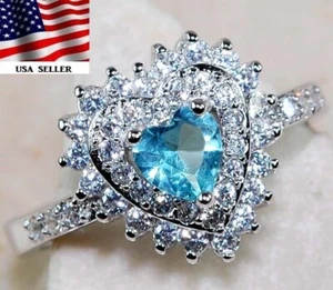 Heart 2CT Aquamarine & Topaz 925 Solid Sterling Silver Ring Jewelry Sz 7 UB3-4 - Picture 1 of 2