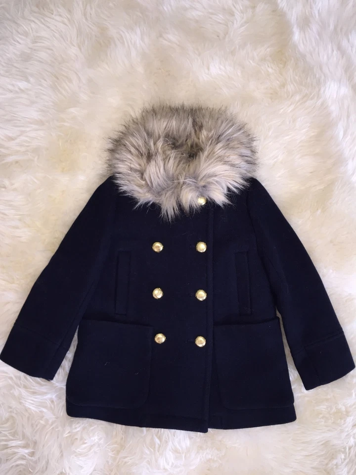 Новый $228 J экипажа Crewcuts девочек замок искусственного меха воротник пальто C8583 4/5 темно-синий новый с Ярлыками - Изображение 1 из 1