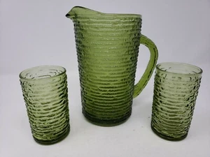 Vintage SORENO (Avocado Green) Glass Juice Pitcher/2 Glasses Anchor Hocking - Picture 1 of 7