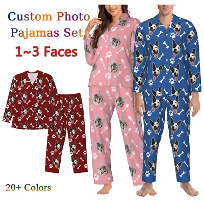 Conjunto de pijama de manga larga con foto personalizada cara de perro gato mujeres hombres pijama Foto 1 de 4