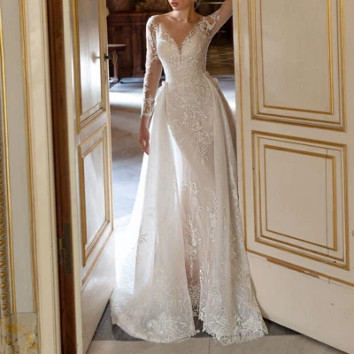 Mermaid Wedding Dresses Long Sleeve Detachable Train Lace Appliques Bridal Gowns - Image 1 of 4