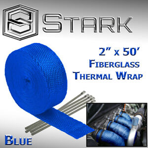 (2-Pack) 2"x50ft Exhaust Fiberglass Heat Wrap Tape w/ 5 Steel Ties - Blue (F)