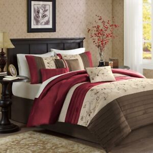 7pc Rich Red and Brown Embroidered Floral Comforter Set AND Decorative Pillows