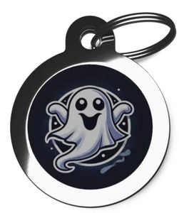 Pet ID tag - Ghost Halloween  Picture dog or cat tag 32mm or 24mm personalised - Picture 1 of 2