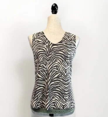 Vintage 75% Silk Tank Top L Knit V-Neck Sleeveless All Over Zebra Print Mob Wife - Image 1 of 4