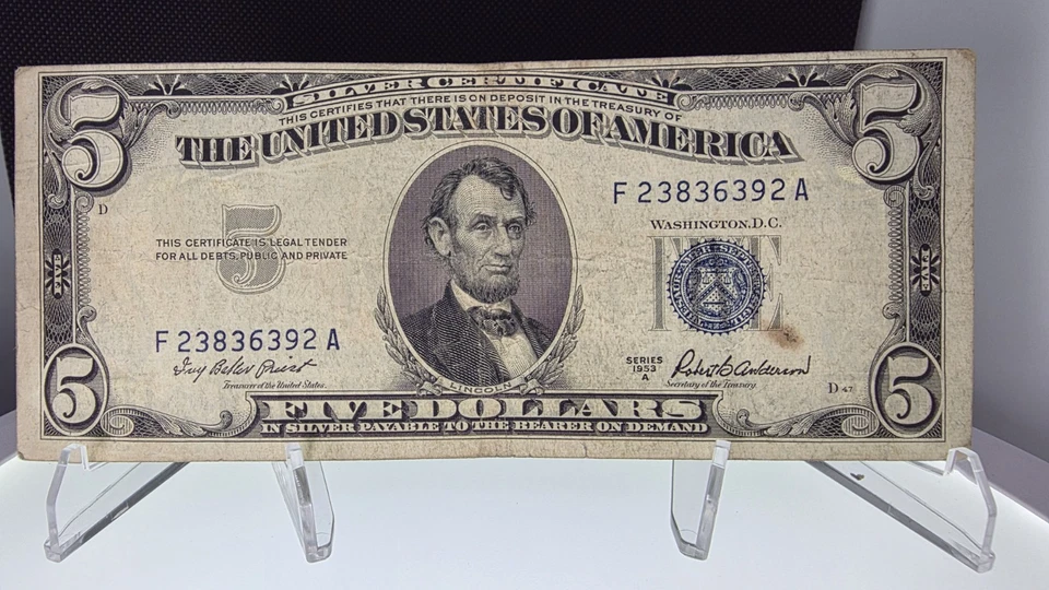 🔥1953 B $5 Dollar Blue Seal Silver Certificate Note UNC F23836392A🔥 - Image 1 of 4