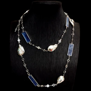 Cultured Whiter Teardrop Pearl Blue Kyanite Rosary Chain Long Necklace 39" - Picture 1 of 6