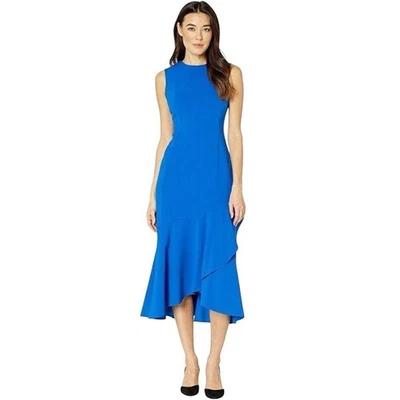 NWT Calvin Klein Midi Sheath Dress Size 4 Royal Blue Ruffle Hem Stretch Cocktail - image 1 of 4