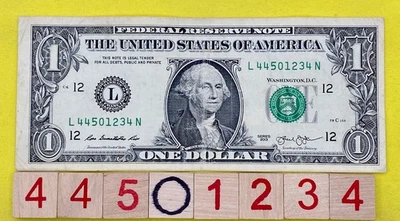 🪜Solid Chunky Ladder Wrap Around 44501234 Fancy Serial Number One Dollar Bill - Image 1 of 4