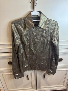 Blusa Luisa Cerano Metálica Dorada Botón Frontal Talla 4 Algodón Arrugado Lana Trabajo - Imagen 1 de 6