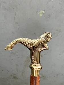 HEAVY BRASS MERMAID handle head CANE vintage antique walking stick cane designA7 - Picture 1 of 5