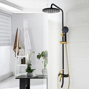 Badezimmer Schwarz Gold Regendusche Set Armaturen Mischbatterie Wandmontage 8" Wasserhahn Set - Bild 1 von 8
