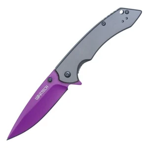 Purple Assisted Pocket Knife Silver Handle 8” Drop Point Blade - Picture 1 of 4