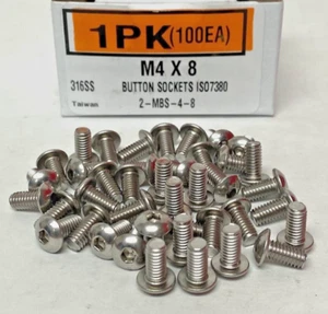 New M4 x 8 Button Head Socket Screws, ISO 7380, 316 Stainless Steel (100ea) - Picture 1 of 3