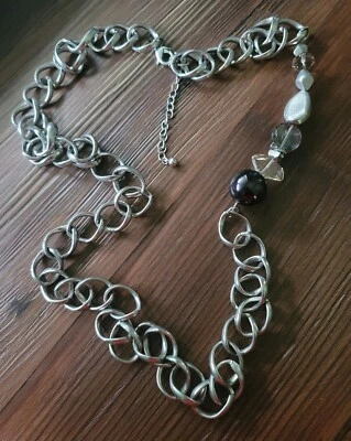 CHICO'S CHAIN NECKLACE BRUSHED SILVER TONE AND FAUX PEARL/CRYSTAL BEADS EUC - Image 1 of 4