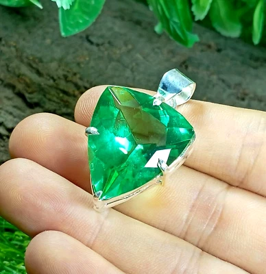 Green Sapphire Silver Pendant Lab Created Gemstone 925 Sterling Silver Pendant - Image 1 of 4