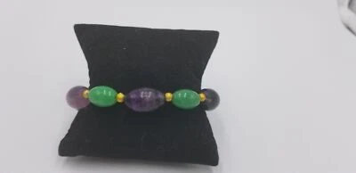 Modern Green Agate & Purple Amethyst W/ Gold Beads Bracelet Mardi Gras Colors  - Image 1 of 4