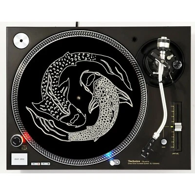 PLASTIC WAFFLES DJ Black and Cream Koi Fish Slipmat Turntable 12" LP Record Player Audiophile