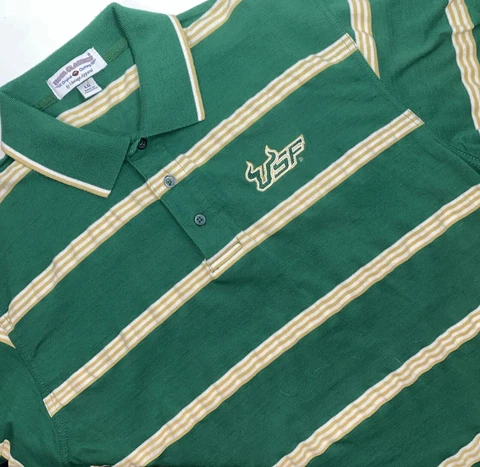 USF South Florida Bulls Green & Gold Striped Short Sleeve Polo Men’s Size Large Cover