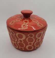 Anthropologie Red Trinket Dish with Lid Designed with Beige Circle Patterns