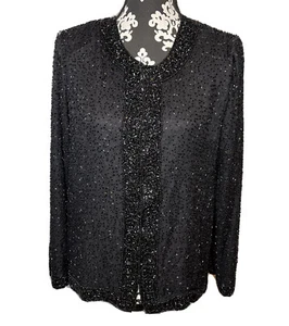 laurence kazar beaded jacket medium silk mardi gras M long sleave heavy Black - Picture 1 of 4