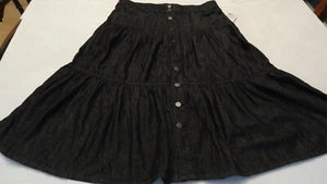 Denim Skirt Tiered Woman Sz 14 Time & Tru Black Gathered Boho Mid Length Cotton - Picture 1 of 12