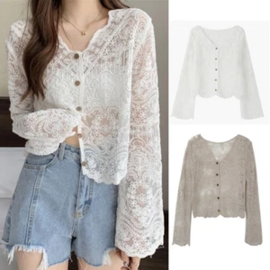 Women Lace Crochet Cardigan Hollow Knitted Embroidered Crop Top V-neck Shirt - Picture 1 of 13