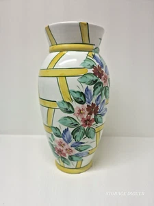 Vintage Italian White Ceramic Vase Floral & Yellow Strips Handpainted 11.75" - Picture 1 of 13
