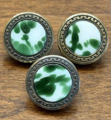 Antiguo Juego de 3 Botones CINTURA Vidrio Blanco Moteado Verde - 5/8" (C5) Foto 1 de 4