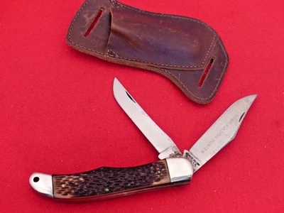Schrade Walden 1956-1972 Bowie Folding Hunter knife near mint & leather sheath - Image 1 of 4