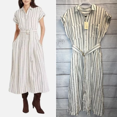 通用螺纹短袖腰带 Midi 衬衫连衣裙 M 条纹亚麻混纺全新带标签 — 第 1/4 张图片