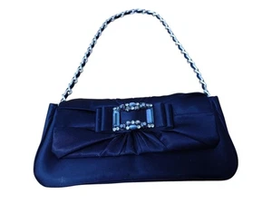 Next Clutch Bag Black Diamante Detail Optional Chain Party Occasion Satin  - Picture 1 of 10