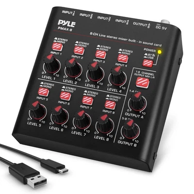 Pyle 8-Channel Wireless BT Streaming Mini Line Mixer w/ USB Audio Interface - Image 1 of 4