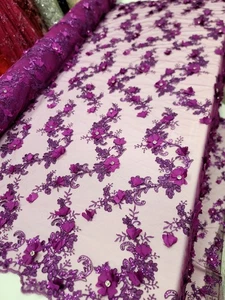 Purple Magenta 3d Floral Lace Embroidery Rhinestones Fabric By The Yard Prom  - Picture 1 of 12