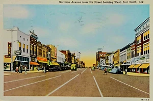 Main Street: Garrison Ave, Fort Smith, AR. Bus, People, Stores. 1941 Linen. - Picture 1 of 2