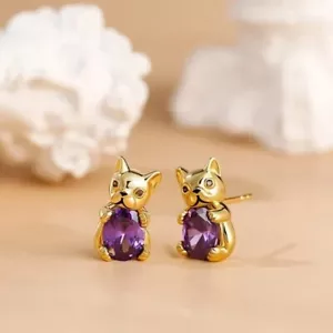 2.50Ct Oval Simulated Amethyst Cute Animal Stud Earrings 14k Yellow Gold Plated - Picture 1 of 3