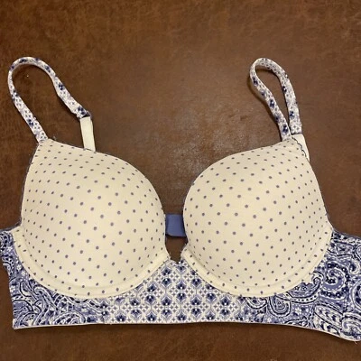 VICTORIA'S SECRET Plunge 32c White with Blue Dots BRA Y2K Vintage Strappy Back - Image 1 of 4
