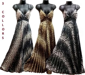 Pleaded Leopard Silk Summer Sundress Maxi S M Long Evening Cocktail Party Animal - Picture 1 of 7