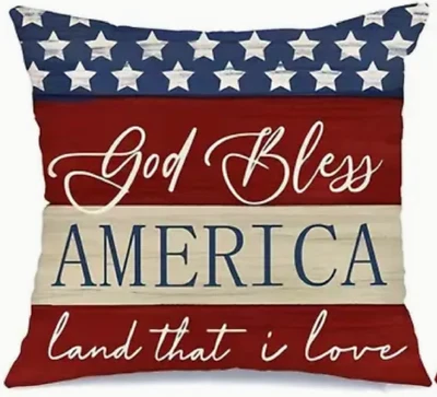 Funda de almohada de mezcla de lino 1 pieza, "God Bless America" rojo, blanco, rayas azules, 16" Foto 1 de 3