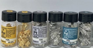 Gold Platinum Palladium Silver Tin Copper Foil / Leaf in Labeled Element Bottles - Picture 1 of 5
