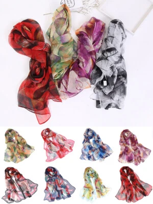 Women's Chiffon Scarf Soft Head Wraps Lady Shawl Silk Flower Printed  160*50cm e - Image 1 of 4