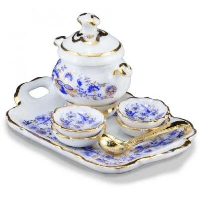 Soup Set for 4 Reutter 1.643/5 Blue Onion Dollhouse Miniature - Image 1 of 4