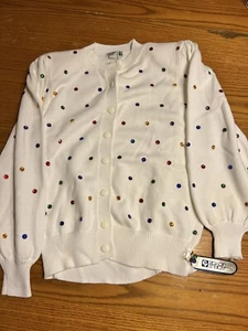 Vintage Adele Joyce Blue Button Up Puff Shoulder Cotton Sweater L NOS - Picture 1 of 8