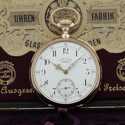 A. Lange & Söhne large mint 18k gold quality 1A pocket watch w. Box Papers 1891