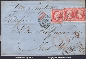 FRANCE N°24x3 SUR LETTRE POUR LES USA ETOILE 1 + CAD PL DE LA BOURSE 28/12/1865 - Picture 1 of 2