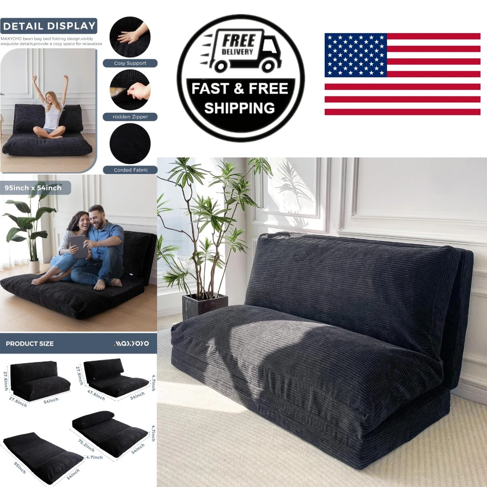 Acogedora bolsa de frijoles cama 54x95 pulgadas tela negra con cable ideal para dormir la siesta y descansar Foto 1 de 4