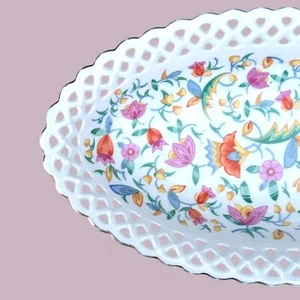 Vintage Reticulated Oval Dish With Exotic Floral Pattern Germany Porcelain Servi - Picture 1 of 8