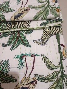 White Twin Size Throw Blanket Kantha Quilt Indian Vintage Cotton Bedspreads - Picture 1 of 10